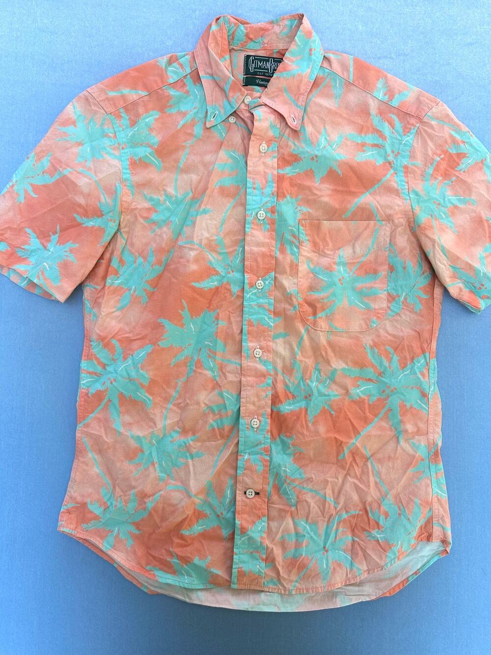 Gitman Bros Vintage Men Shirt Small S Palm Tree Tropical Coral Teal Made In USA